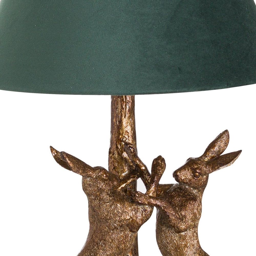 Antique Gold Marching Hares Lamp With Green Velvet Shade - Lighting