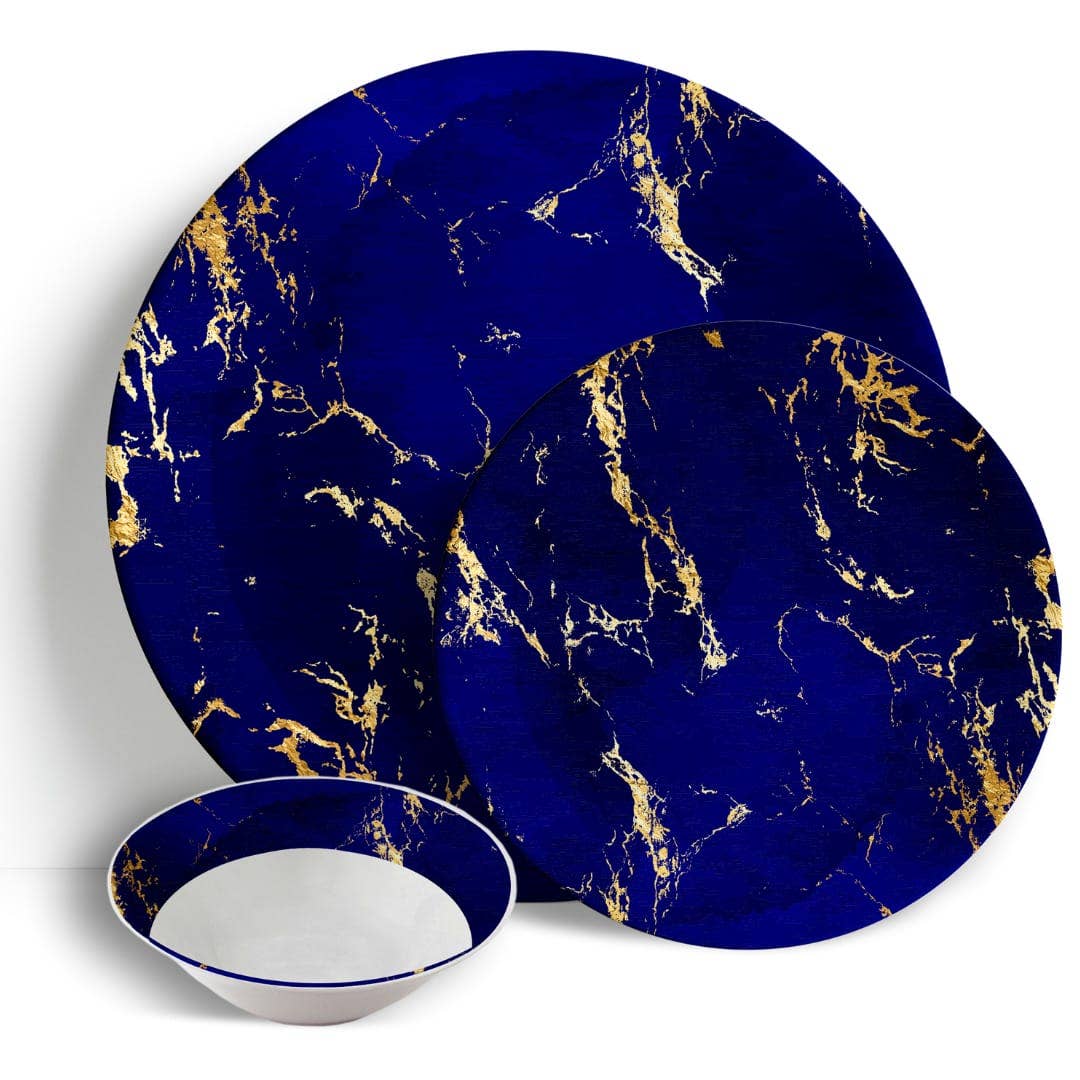 Blue & Gold Marble: Elegant 18pc Dinner Set in Ceramic Porcelain China -