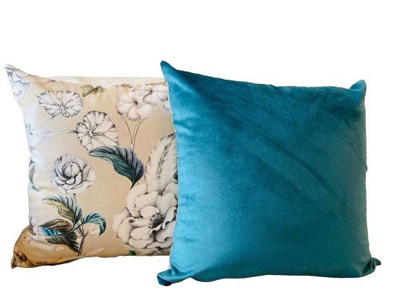 Handmade Flower Botanical Design Teal Velvet Cushion: Unique Elegance for Your Home -