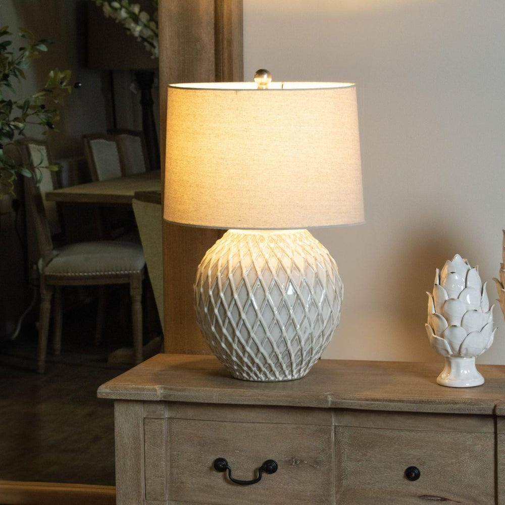 
                      
                        Lattice Ceramic Table Lamp With Linen Shade - Lighting
                      
                    