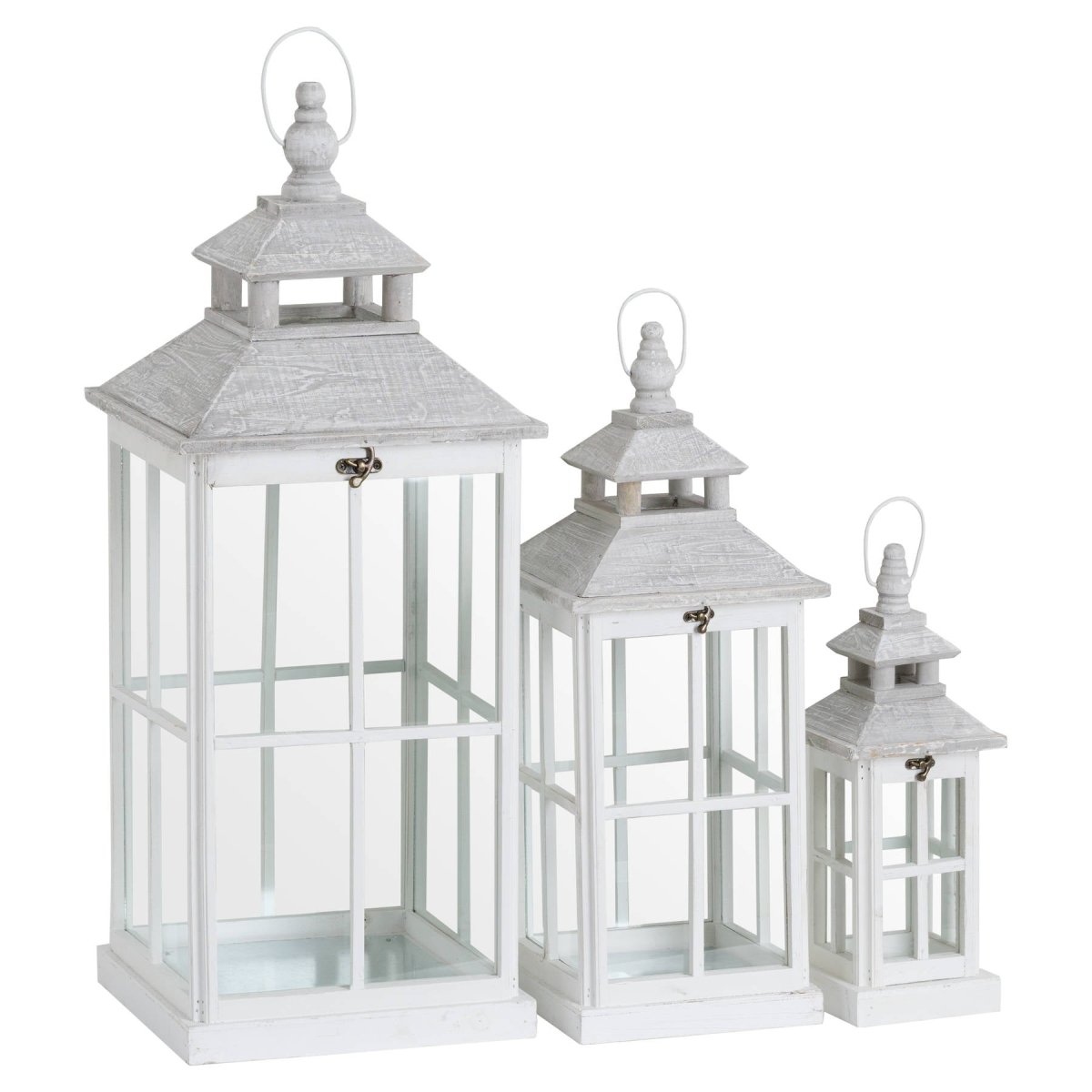 Set Of 3 White Window Style Lanterns With Open Top -