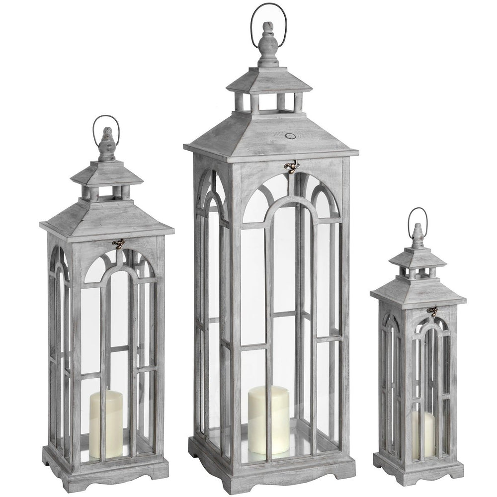 Set Of Three Wooden Lanterns With Archway Design -