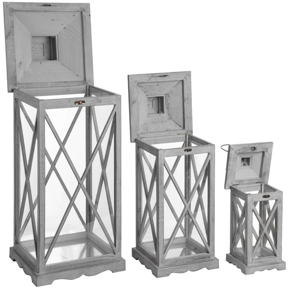 Set Of Three Wooden Lanterns With Traditional Cross Section - Lighting