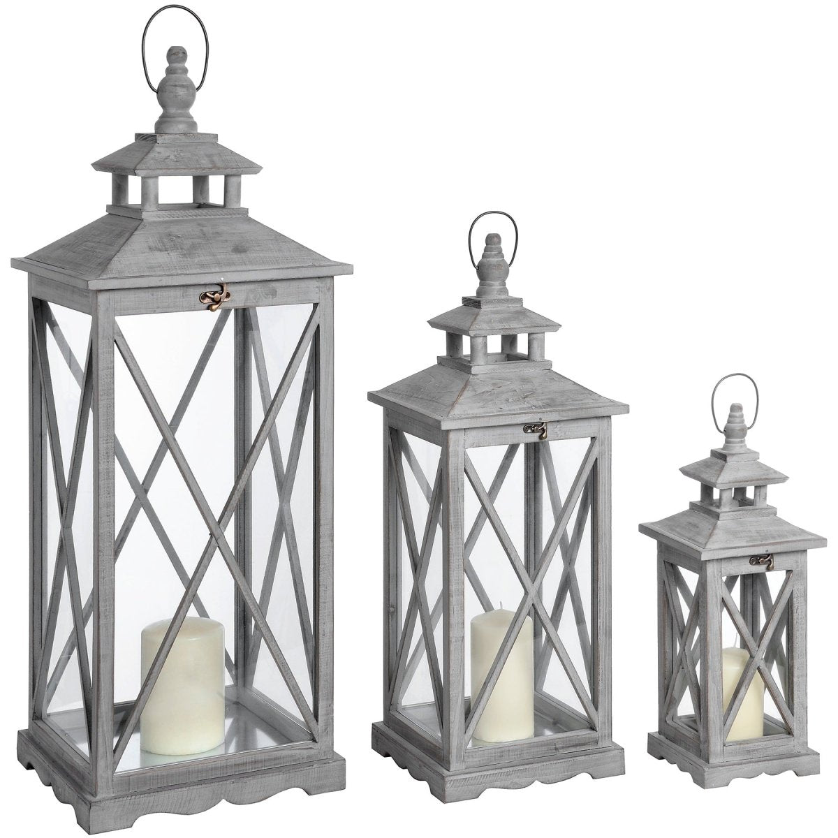 Set Of Three Wooden Lanterns With Traditional Cross Section - Lighting